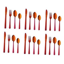 BuyGo Silverware Set Flatware Set Stainless Steel Dinnerware 24pcs Rainbow Red