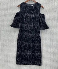 Teri Jon by Rickie Freeman Sheath Dress Womens Size 8 Black Cold Shoulder Sequin