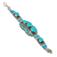 Turquoise Gemstone Bracelet Tibetan Nepalese Handmade Nepali Jewelry 7" NBB 3305