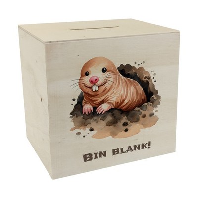 Nacktmull Spardose aus Holz mit Spruch Bin blank!