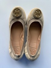 Womens Tory Burch Tan Caroline Suade Flats with Metal Logo, size 6.5 M