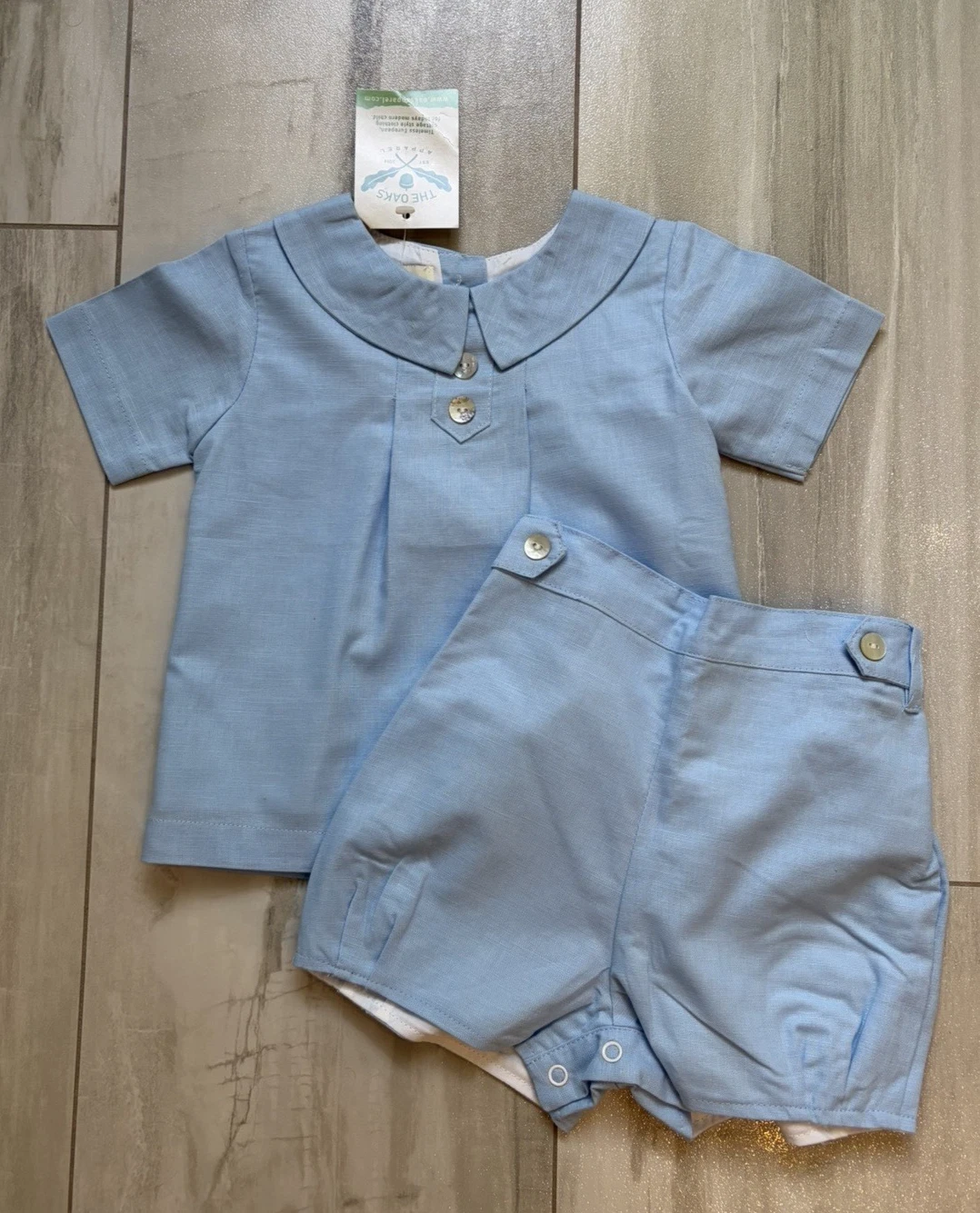 New! The Oaks Apparel Co Classic Baby Blue Heirloom Linen Short Set Boys 18M