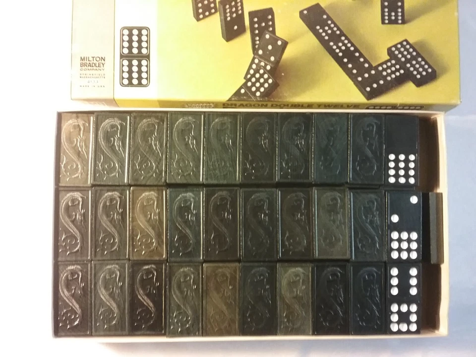 VTG Double Twelve Wooden Dragon Dominoes 1970 Game Milton Bradley 91 Piece #4133 - Image 2 of 4