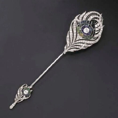 Elegante Broche Art Deco Get-set Jabot Pin Estilo Pluma de Pavo Real Plata Sólida 925 Foto 2 de 4