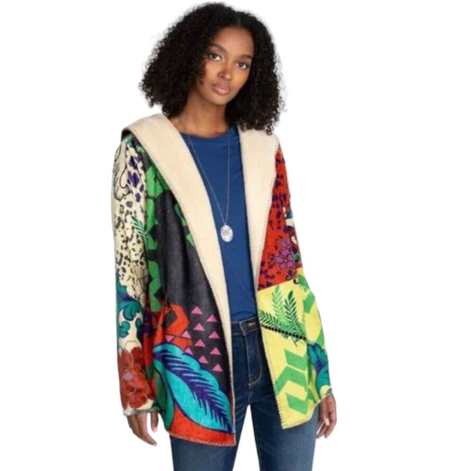 Johnny Was Sherpa Jacket Peace Love Hooded Long Sleeve Pockets Sz XL