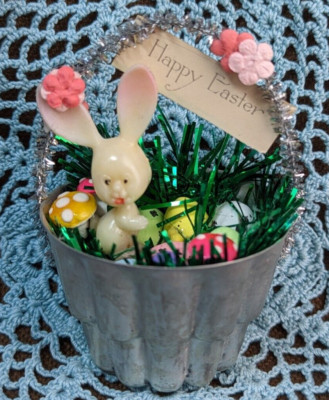 EASTER Tart Tin Diorama Ornament Handmade with Vintage Tin, Bunny, & Mushrooms