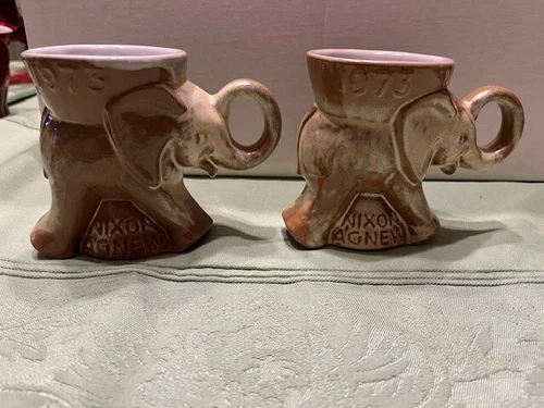1973 Frankoma Mug Tan Republican ELEPHANT Nixon Agnew Inaugural Pottery Cup