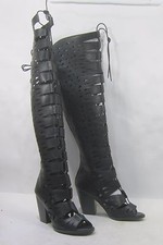 Botas negras con cordones de gladiador punta abierta tacón bloque de 4" para mujer talla 7