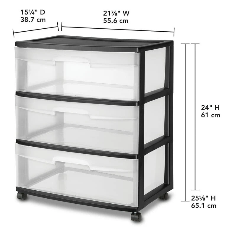 3 Drawer Cart Wide Tower Portable Storage Dresser Dorm Clear Drawers Black New - Image 2 of 3