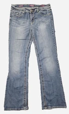 VGS Women Denim Jeans Blue Bootcut Distressed Embroidered Rhinestones Size 12