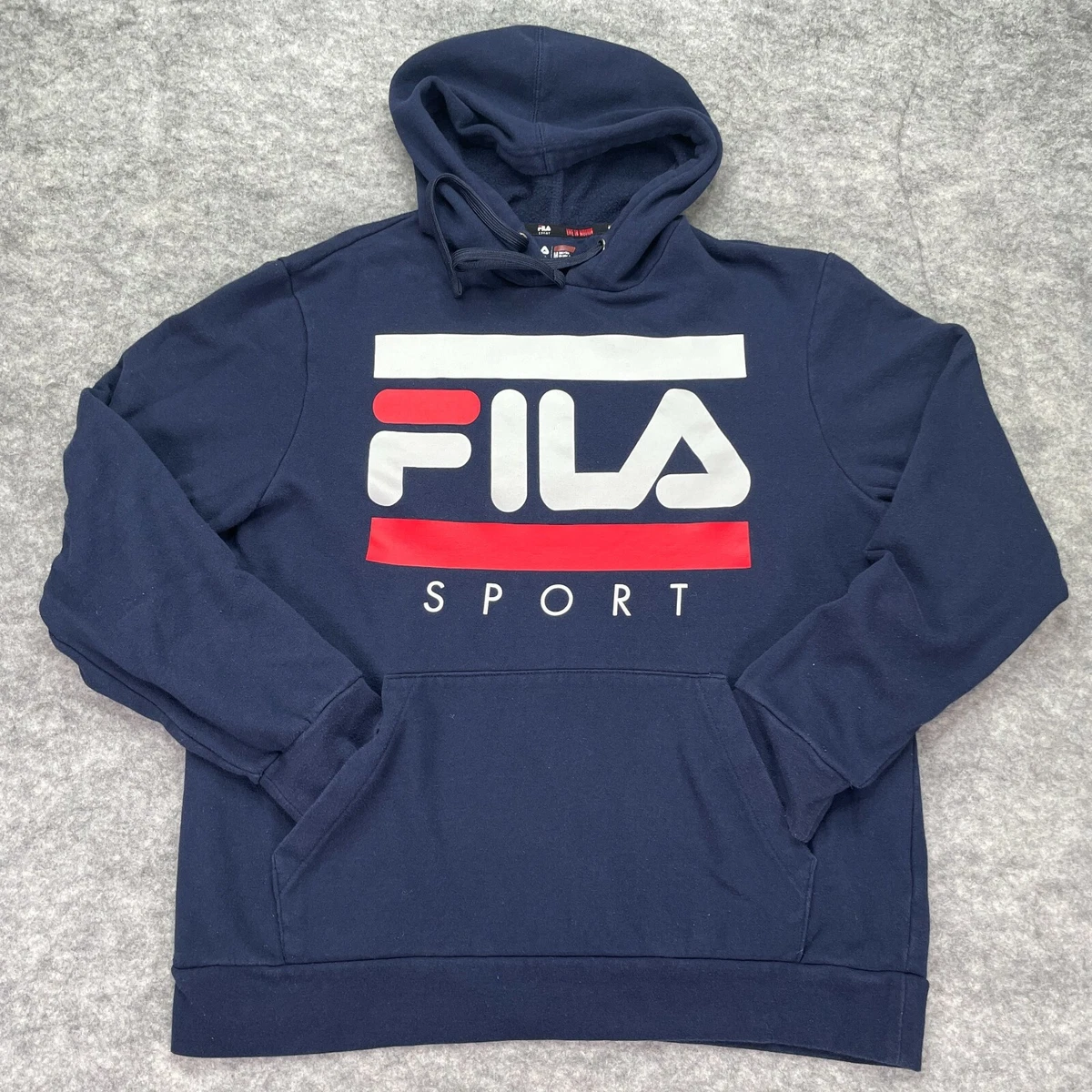 uophørlige ankel Hælde Fila Hoodie Sweatshirt Men Medium Blue White Red Spell Out Logo Drawstring  Sport | eBay