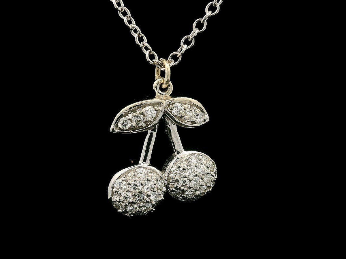 14k White Gold 0.25ctw Diamond Dual Lucky Cherry Pendant Cable