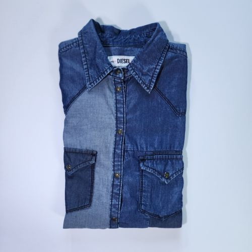 Diesel Shirt Men Small Pearl Snap Patchwork Chambray Denim Faded Western Cowboy - Picture 4 of 15