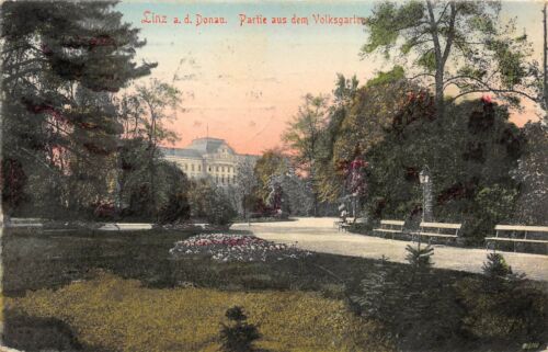 Linz Austria 1909 Postcard Partie Aus Dem Volksgarten Posted To USA - Picture 1 of 2