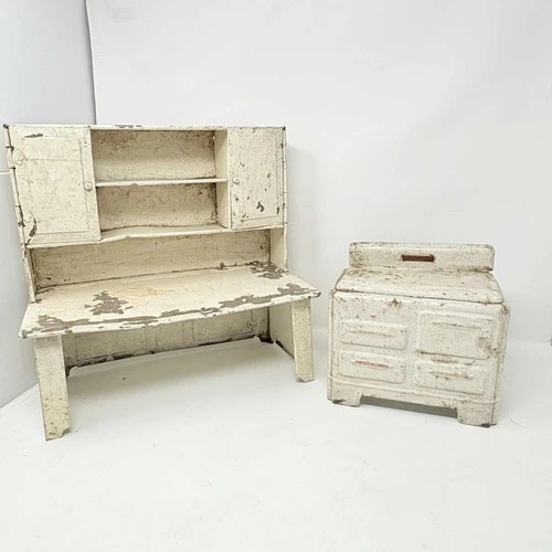 Vintage Tin Litho Toy Kitchen Hoosier Hutch Cupboard Wolverine c 1950 and Stove