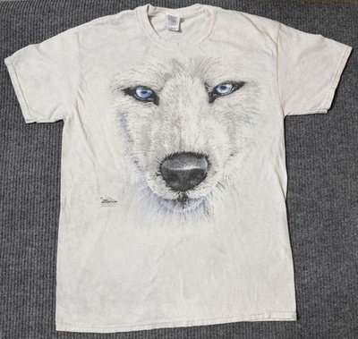 #ad The Mountain Shirt Mens Medium Wolf Blue Eyes Graphic Tee White Animal Nature $17.00