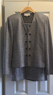 Elegance! ST JOHN EVENING Silver Paillette Black & Gray Knit Skirt and Jacket 8