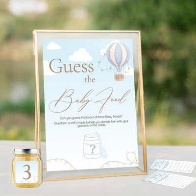 Baby Shower Spiel - Guess The Food - Up & Away Motiv, Heißluftballon, blau