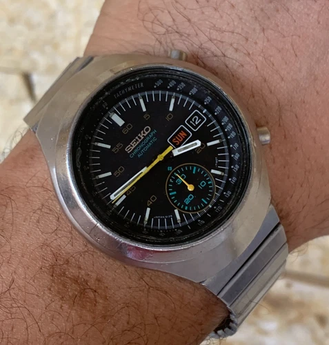 1970's Vintage Seiko Helmet 6139-7100 Automatic Watch Chronograph 42mm So Rare