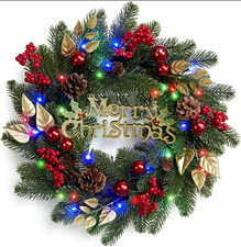 18in Lighted Christmas Pine Wreath Multicolor Red Berries Pinecones Decor