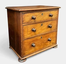 ANTIQUE 19th Century Mahogany Miniature Chest of Drawers w/ Bun Feet & Key