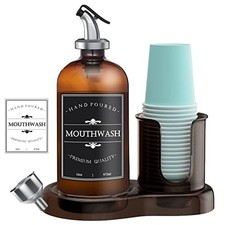 Amber Glass Mouthwash Dispenser with Cup Holder for Bathroom, 16oz Refillable...