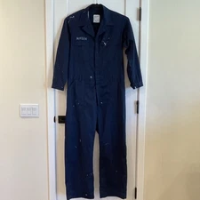Vtg US Navy Coveralls Mens 44 R Blue Shipboard Utility Work Jumpsuit Pockets Bib