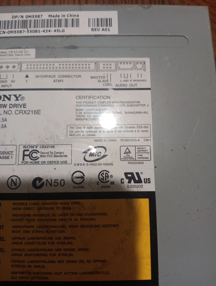 Sony CRX216E CDR CDRW Optical Drive 0H1192 with Connector Cable - Image 4 of 4