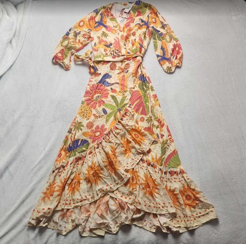 Abito midi donna XS Farm Rio x Anthropologie manica lunga scollo a V avvolgente nuovo - Foto 5 di 12