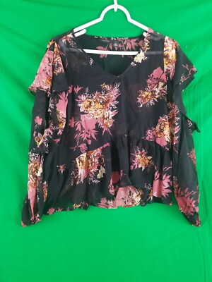 Halogen Nordstrom Rack Womens Black Large Floral Sheer Flutter Sleeve  Blouse 