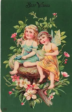 VINTAGE FANTASY GREETINGS POSTCARD CHILDREN IN NEST GEL c1910 041625 U