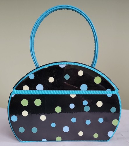 Vintage Mini Jewelry Purse Box Black with Polka Dots Aqua Handle - Picture 3 of 10