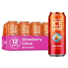New Sparkling Ice Caffeine Strawberry Citrus, 16 Fl Oz Can, 12 Count