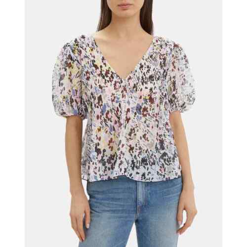 GANNI Egret Pleated Georgette Floral Top Size 36/U