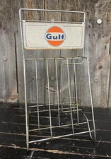 Vintage 60s GULF Motor Oil Gas Service Station Display Tin Can Rack With Sign