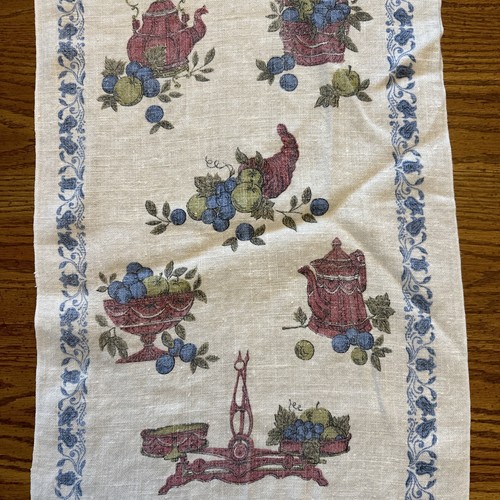 Vtg Linen Tea Towel Strickland Kettle Cornucopia Fruit Basket Scale Apple Floral - Picture 3 of 18