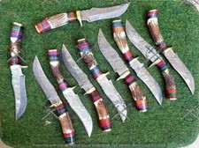 LOT OF 10 10 INCH HANDMADE DAMASCUS STEEL SKINNER KNIFE STAGANTLER W/SHEATH