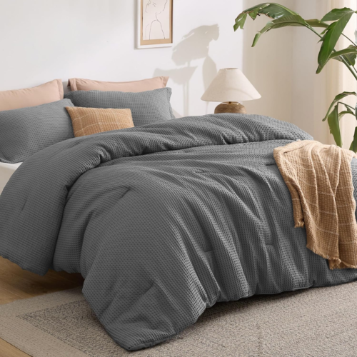 Waffle Comforter Set Queen, Soft and Breathable Dark Grey Bedding Comforter Set,