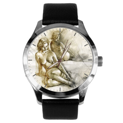 VINTAGE NUDE IN MIRROR EROTIC SEXY PENCIL SKETCH SOLID BRASS COLLECTIBLE WATCH