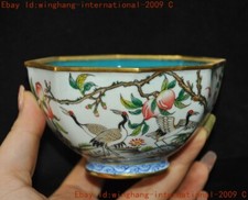 Ancient China dynasty bronze Cloisonne crane Peach statue Tea cup Bowl Bowls