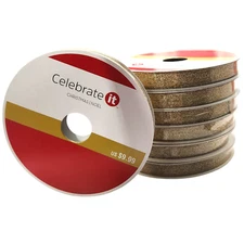 7 PC Set Celebrate It Christmas Ribbon Gold Metallic Ribbon 3/8" x 10 Yd