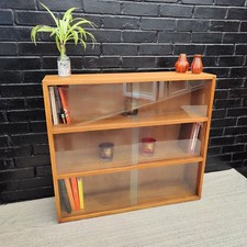Mid Century Oak Bookcase Sliding Glass Doors Vintage Cabinet Display