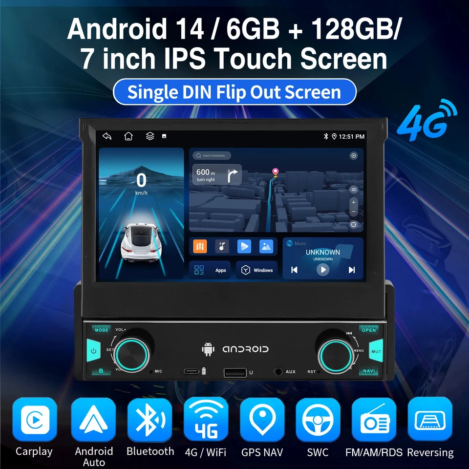 Autoradio 1 DIN | 7-Zoll Flip-Out | Android Auto/CarPlay | GPS Navigation - Bild 2 von 4