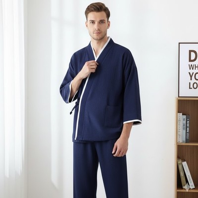 Chinesisch Japanisch Herren Baumwolle Marineblau Weiß Trim Kimono Pyjama Set Nachtwäsche