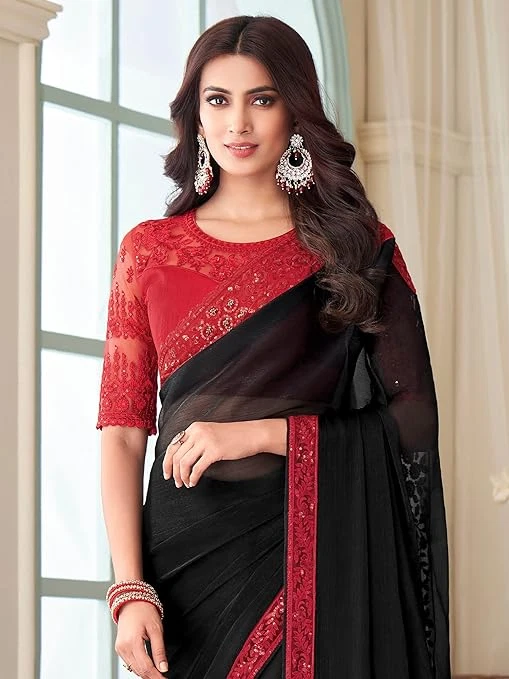 Sari de Georgette granate para mujer cosido listo con borde de encaje festoneado Foto 2 de 4