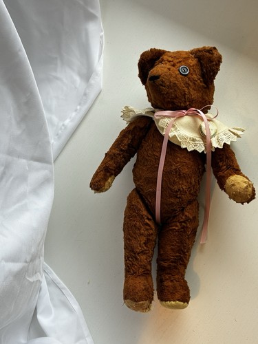 Vintage Handmade Mohair Teddy Bear – Button Eyes, Lace Collar, 14” – Charming! - Picture 10 of 16