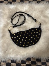 Black Crescent Shoulder Bag - Gold Hardware, Studded Grommet, Zip Closure