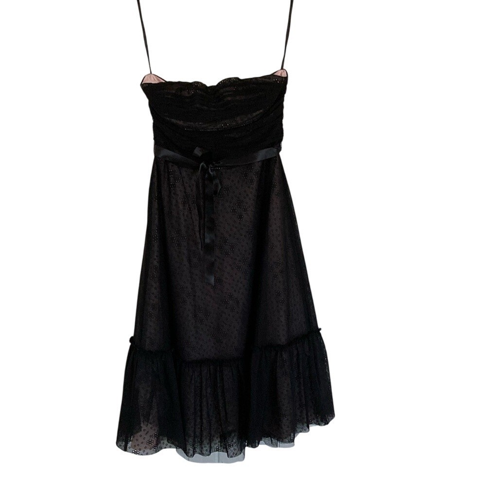 BCBGMaxazria Womens Strapless Black Lace Midi Dress Size M Special Event Girly