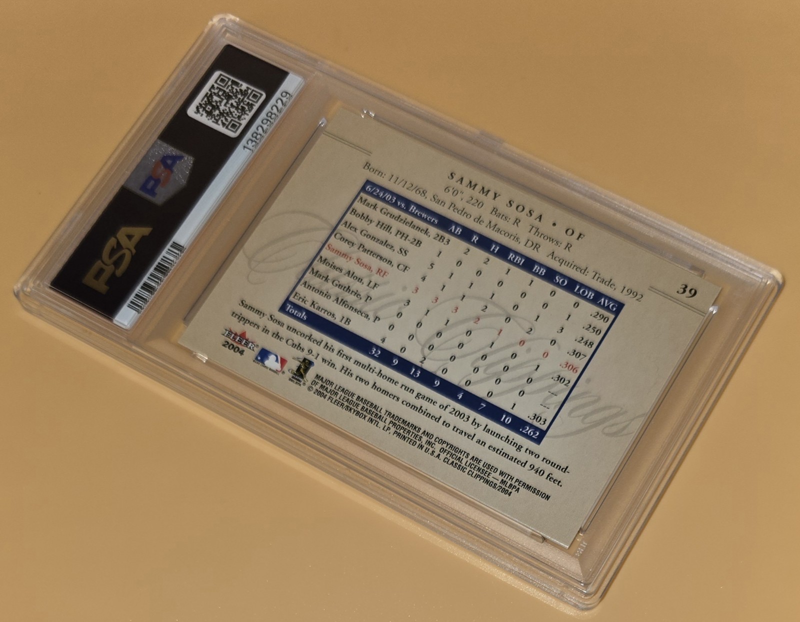 Sammy Sosa PSA 10 Low Pop 2004 Fleer Baseball Classic Clippings Chicago Cubs view 13