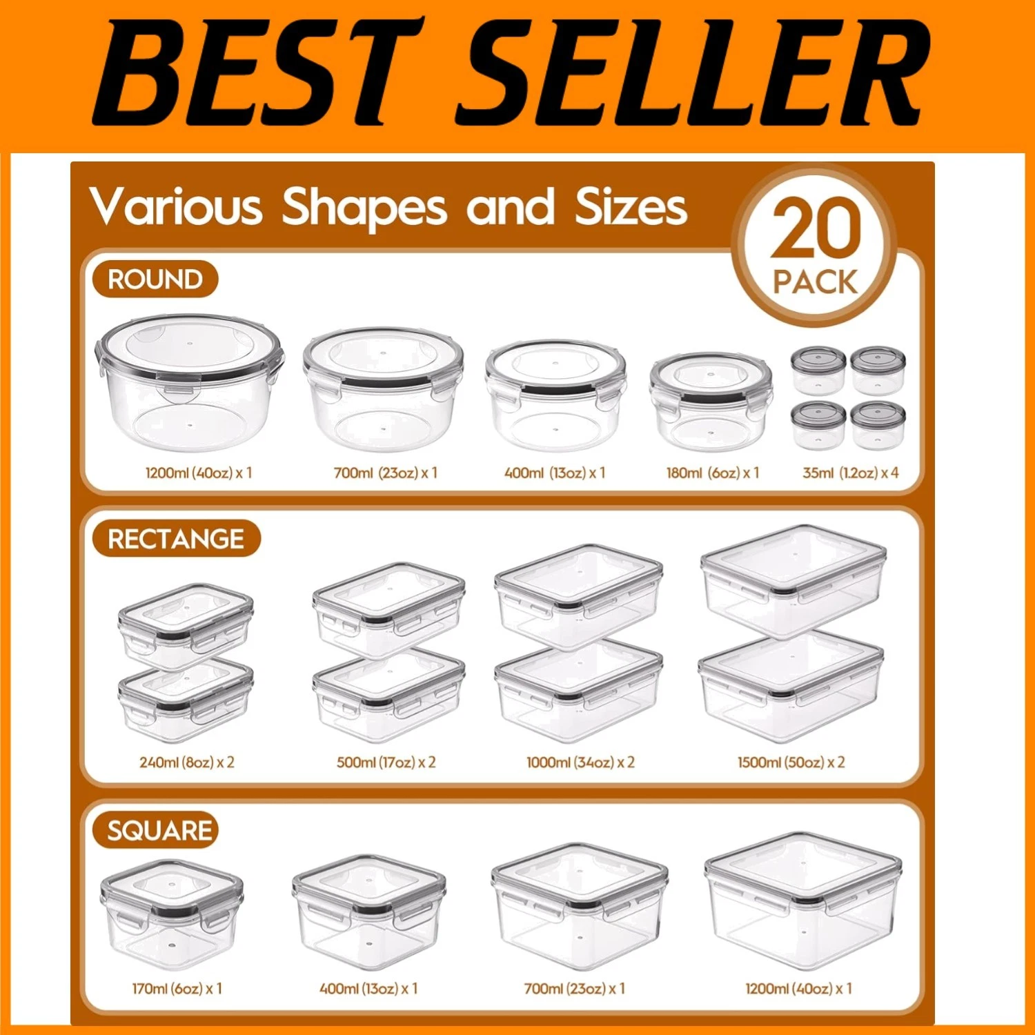 Airtight Meal Prep Containers with Silicone Seals (40 Pcs)